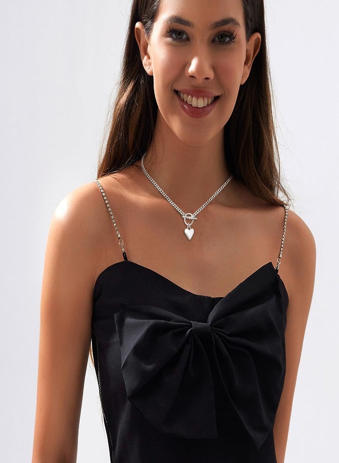 Zeffy Silver Chunky Puffy Heart Necklace Big Heart Chain Link Necklace Toggle Clasp Heart Charm Necklaces Birthday Christmas Gifts for Women Jewelry - Image 4